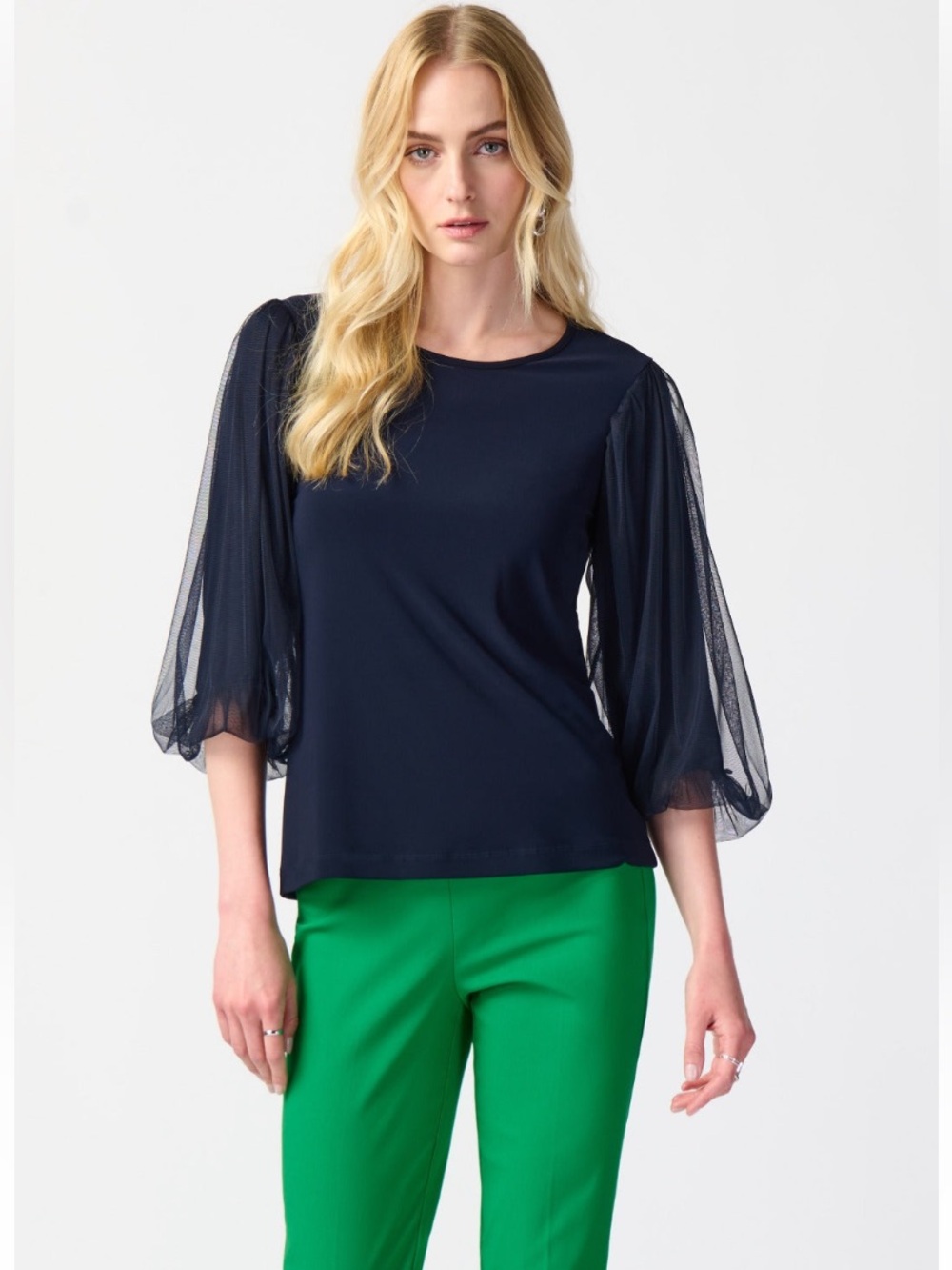 Joseph Ribkoff midnight blue mesh sleeves top blouse Sz 4 NWT